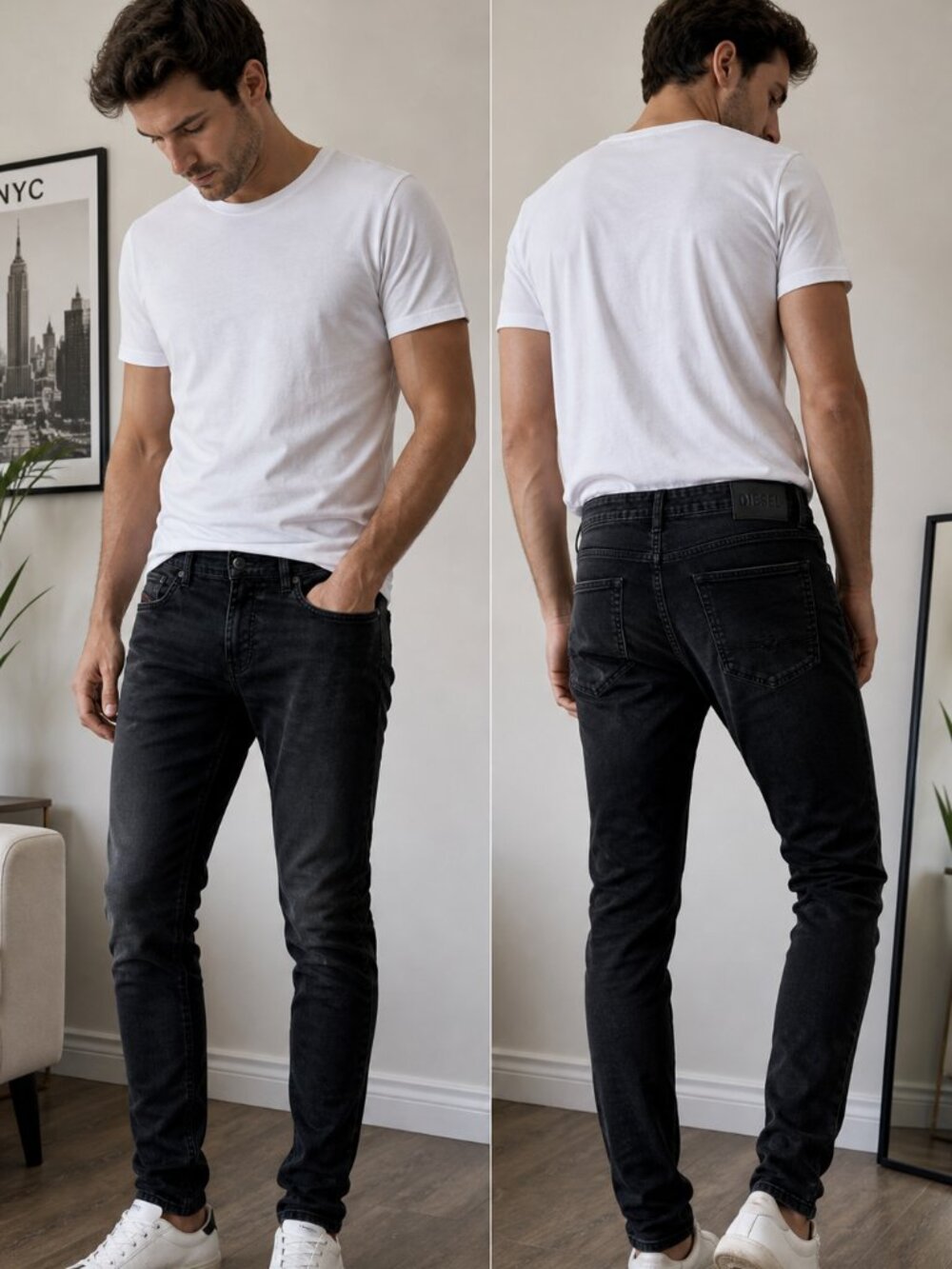 Diesel Troxer Slim Skinny Black Jeans Men W32 L32 Distressed Denim